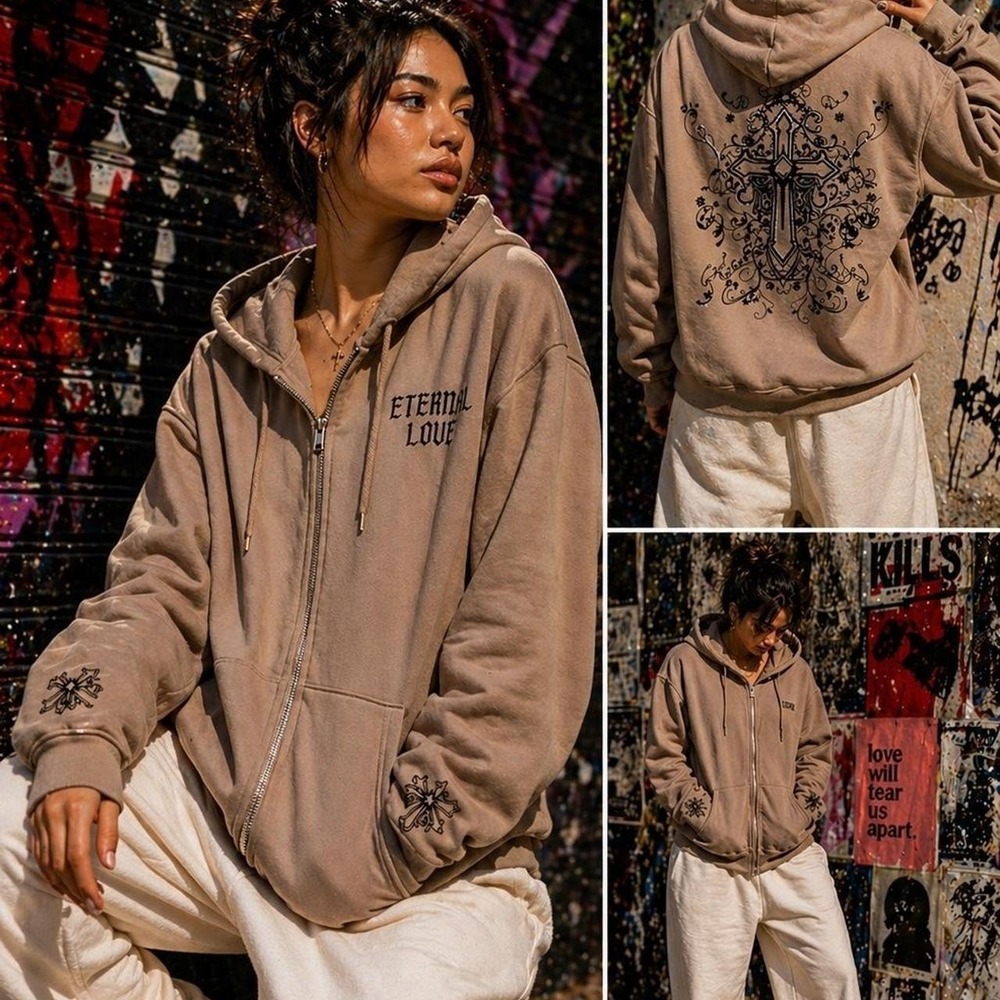 Beige "Eternal Love" Zip-Up Hoodie w/ Cross‎ Graphic Back Size L